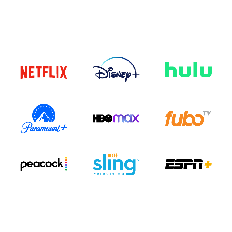 Logos of channel and TV streaming platforms such as Netflix, Hulu, HBO Max, ESPN+, Peacock, and more.
