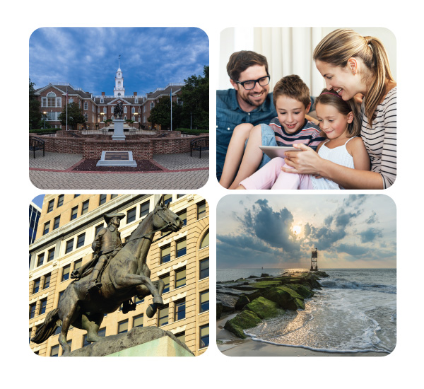 Delaware 4 pictures building, couple watching tablet, statue, ocean