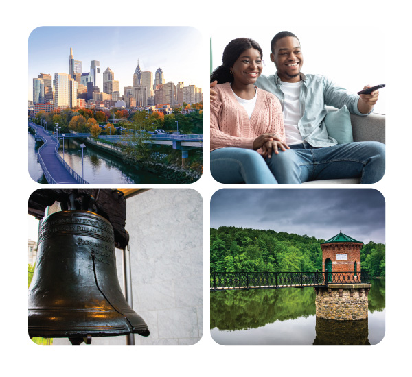 Pennsylvania 4 pictures skyline, couple watching tv, bell, water and bridge
