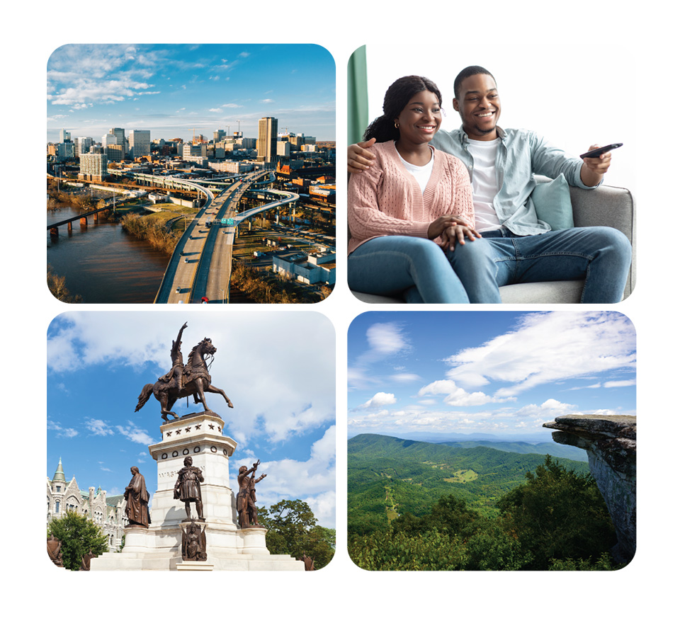 Virginia 4 pictures skyline, couple watching tv, statue, cliff