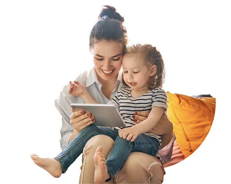 Woman and daughter with tablet using Glo Fiber